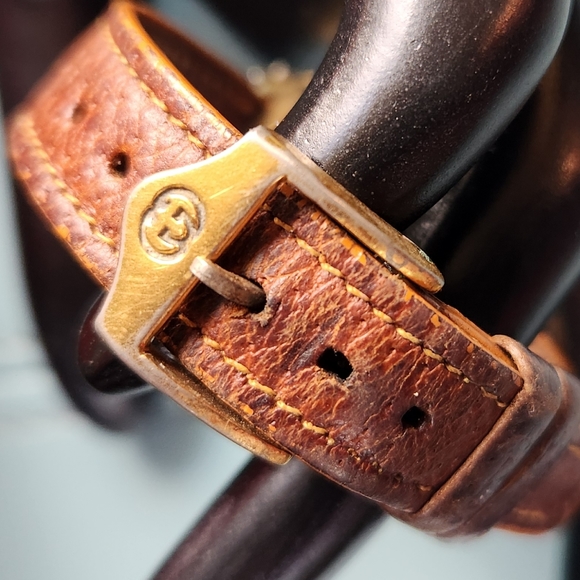 80s GUCCI Wrist Clock Roman Numeral Brown Leather Band Silver Gold Octagon Watch - Picture 3 of 16
